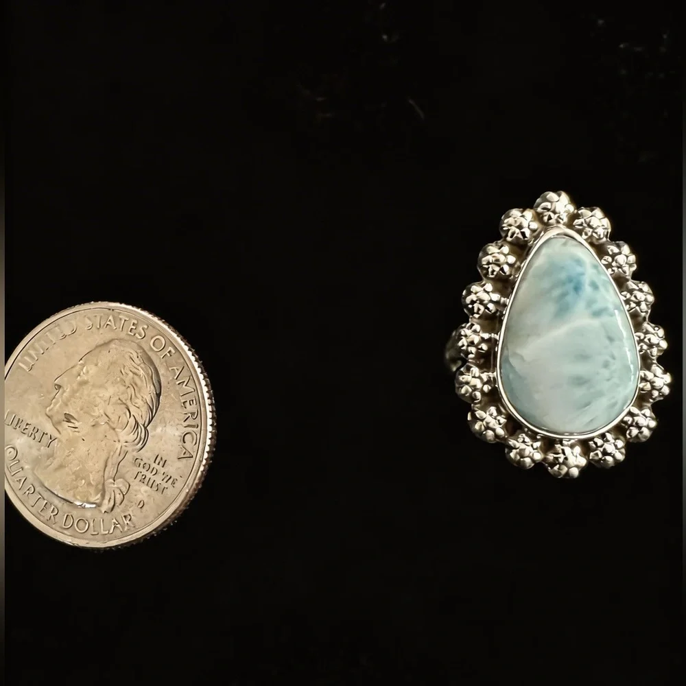 Elegant sterling Silver and genuine Blue larimar Teardrop‎ Ring
